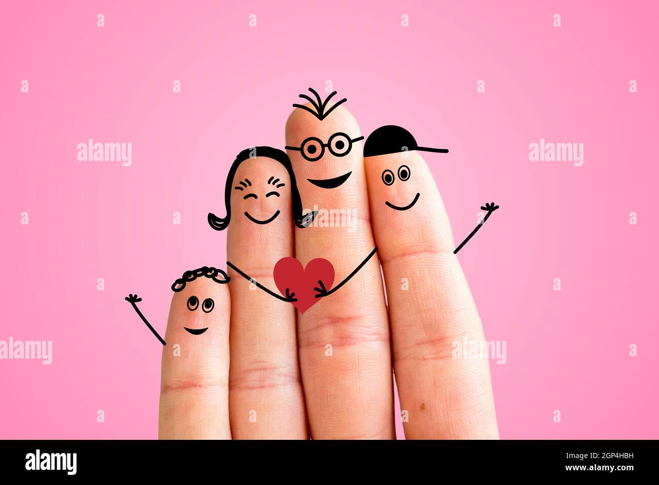 Painted fingers happy family concept, pink background Stock Photo