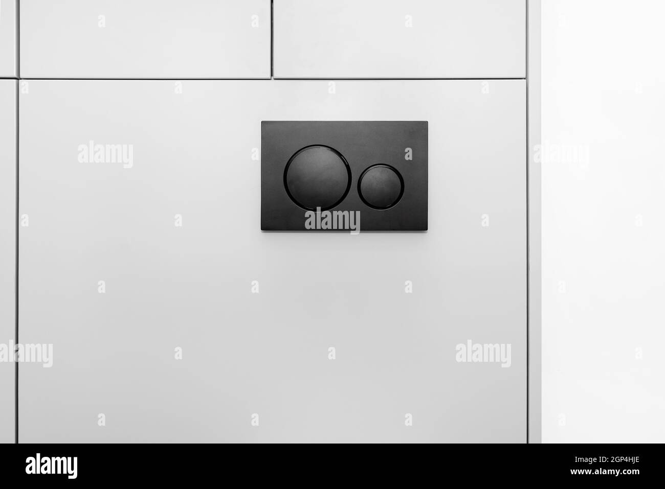 Black matt toilet flush with two round buttons placed in the wall of a restroom lined with a wooden panel. Stock Photo