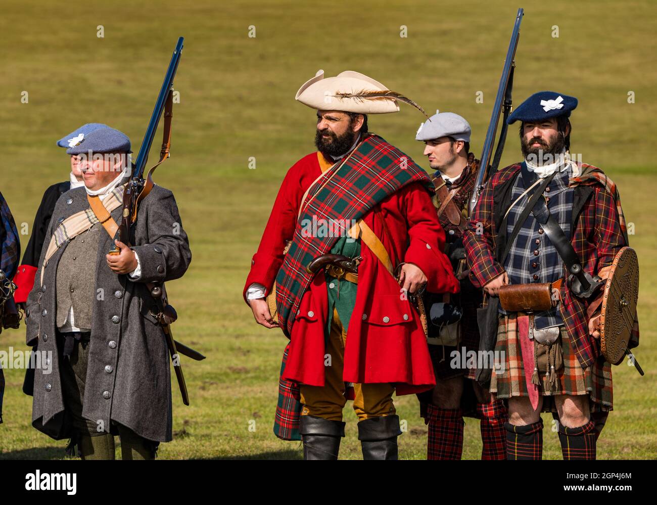 Jacobite Scotsmen in period costume with guns for re-enactment of Battle of Prestonpans , East Lothian, Scotland, UK Stock Photo