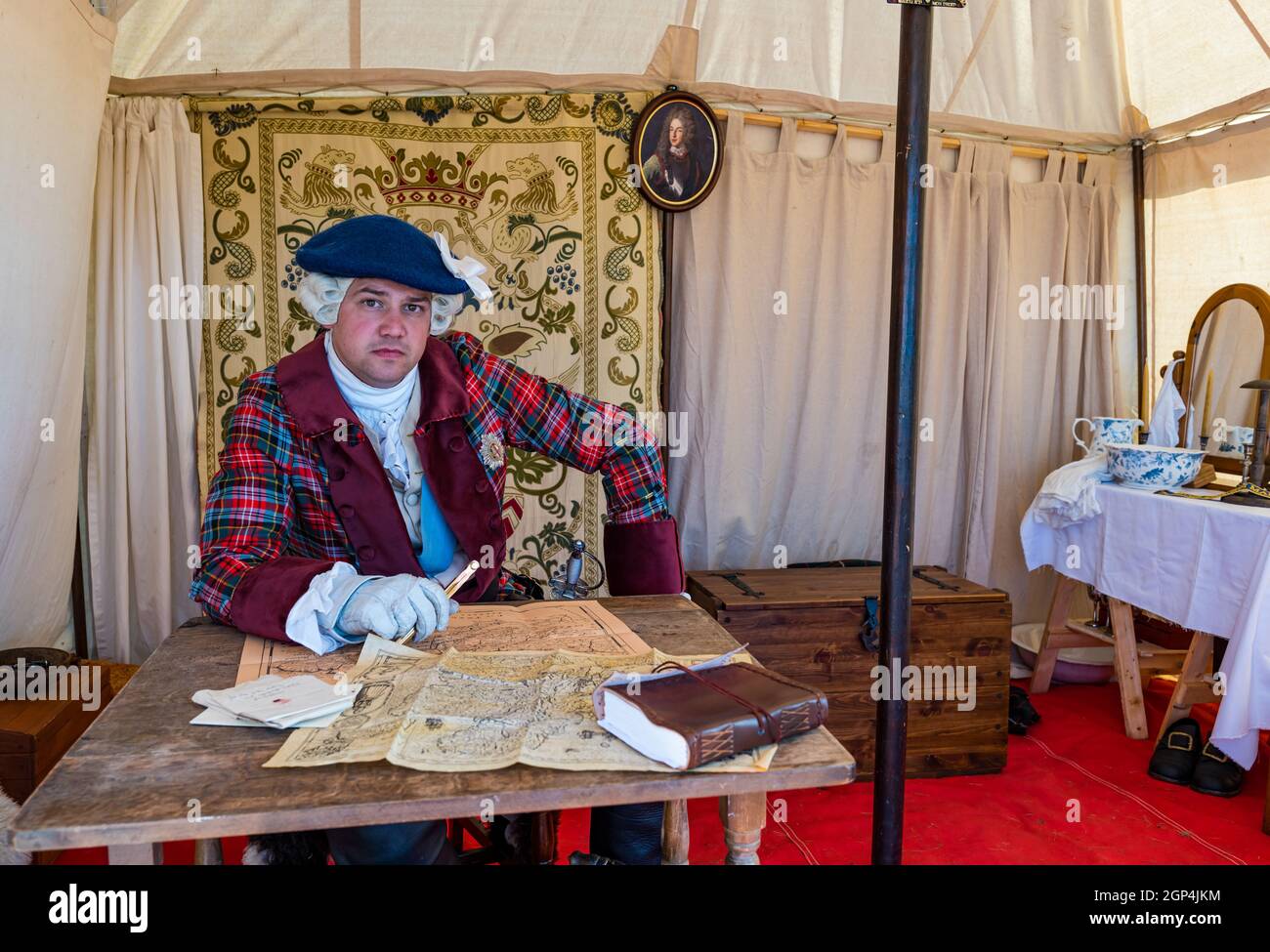 Dr Arran Johnstone as Bonnie Prince Charlie in period costume in tent for re-enactment of Battle of Prestonpans, East Lothian, Scotland, UK Stock Photo