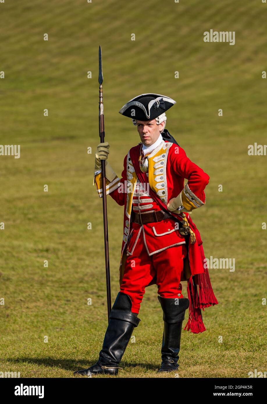 A Hanoverian redcoat officer in period costume for re-enactment of Battle of Prestonpans, East Lothian, Scotland, UK Stock Photo