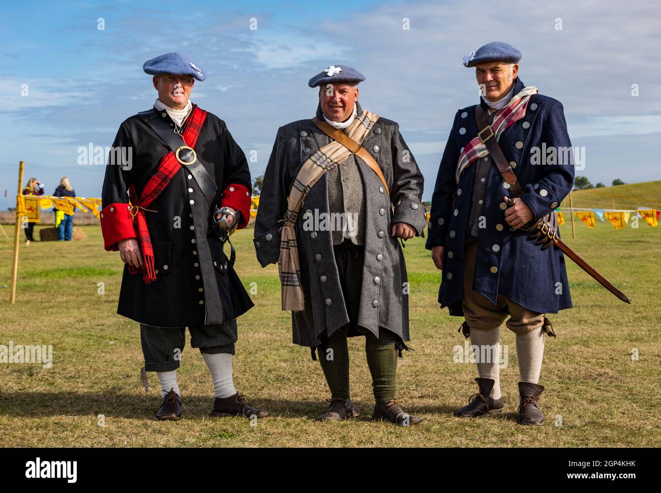 A group of Jacobite Scotsmen in period costume for re-enactment of Battle of Prestonpans, East Lothian, Scotland, UK Stock Photo