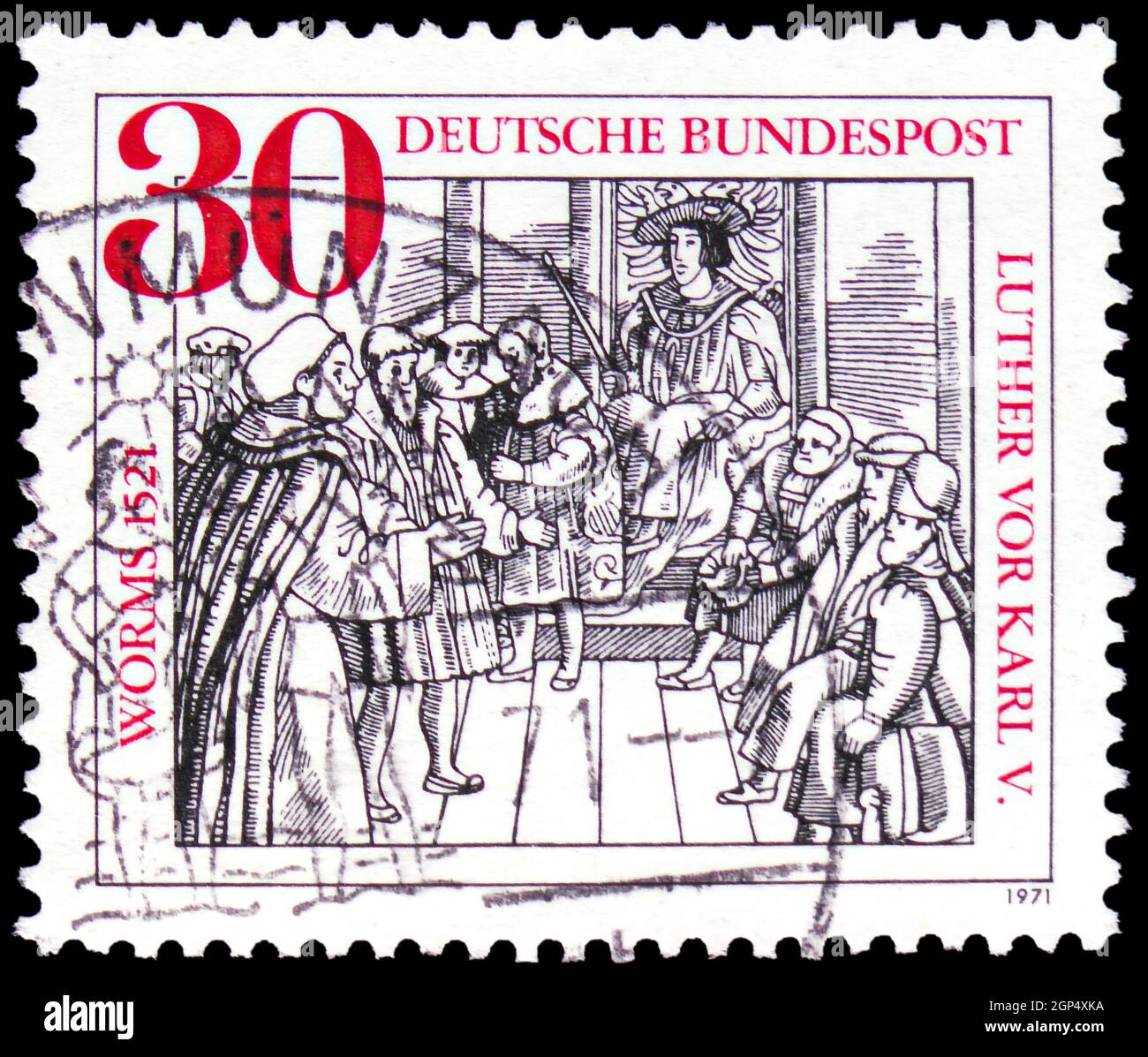 MOSCOW, RUSSIA - AUGUST 4, 2021: Postage stamp printed in Germany shows Martin Luther and Kaiser Karl V at the diet, serie, circa 1971 Stock Photo