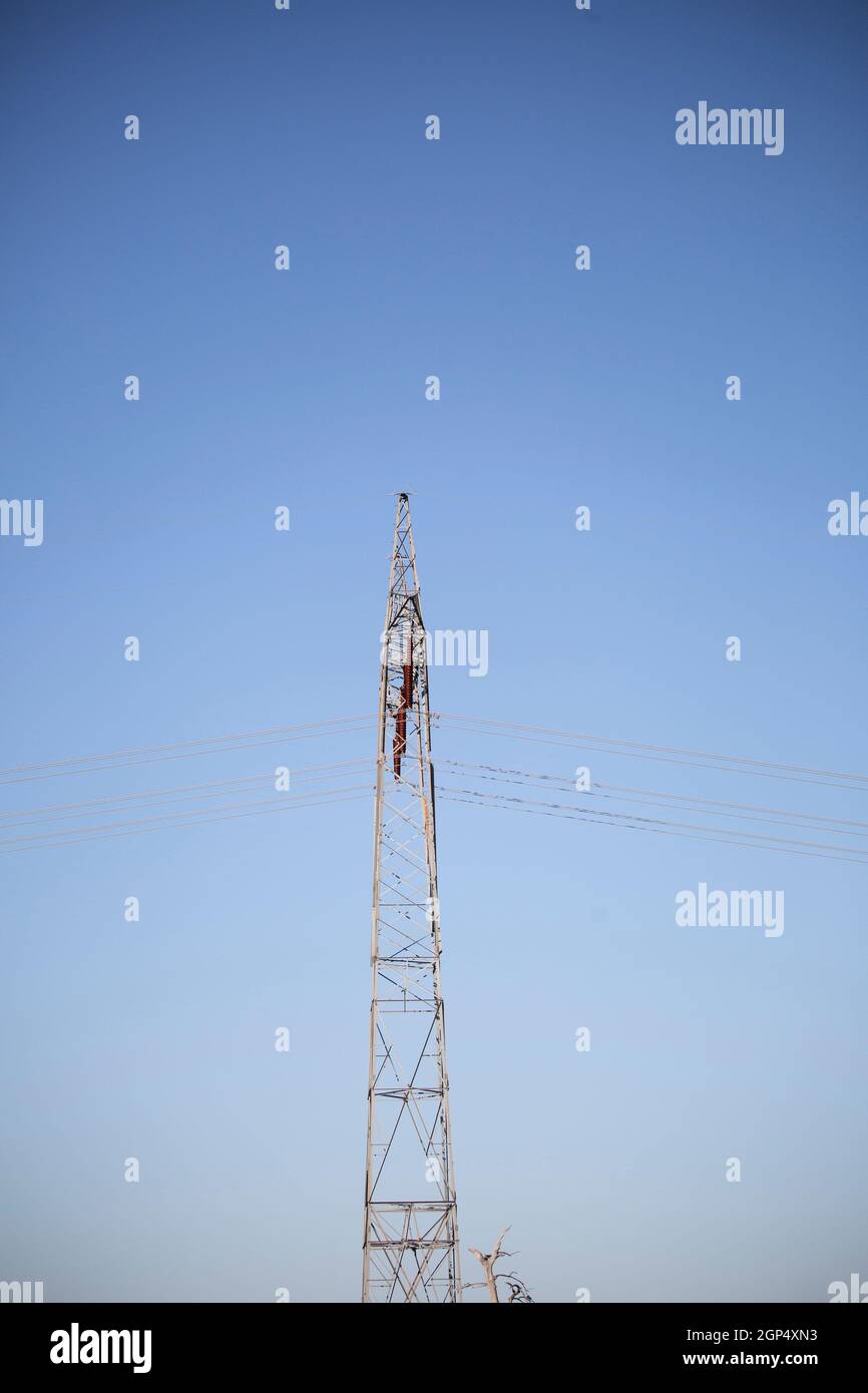 Close up of an electrical tower and its wires Stock Photo Alamy