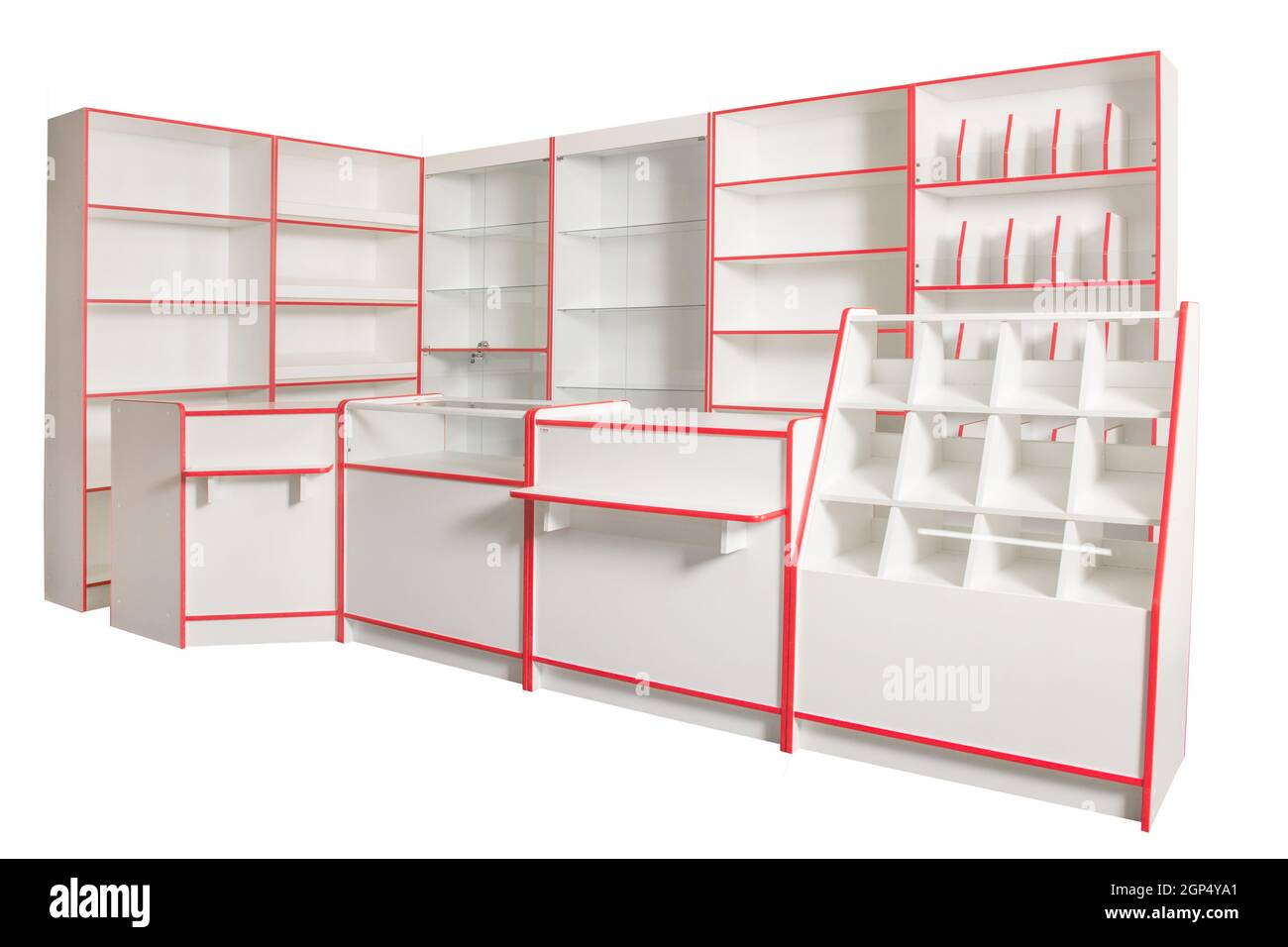 Showcase equipment for a store on a white background. Free space for text.  Shelves and showcases for the sale of goods. White plastic and glass cabine  Stock Photo - Alamy