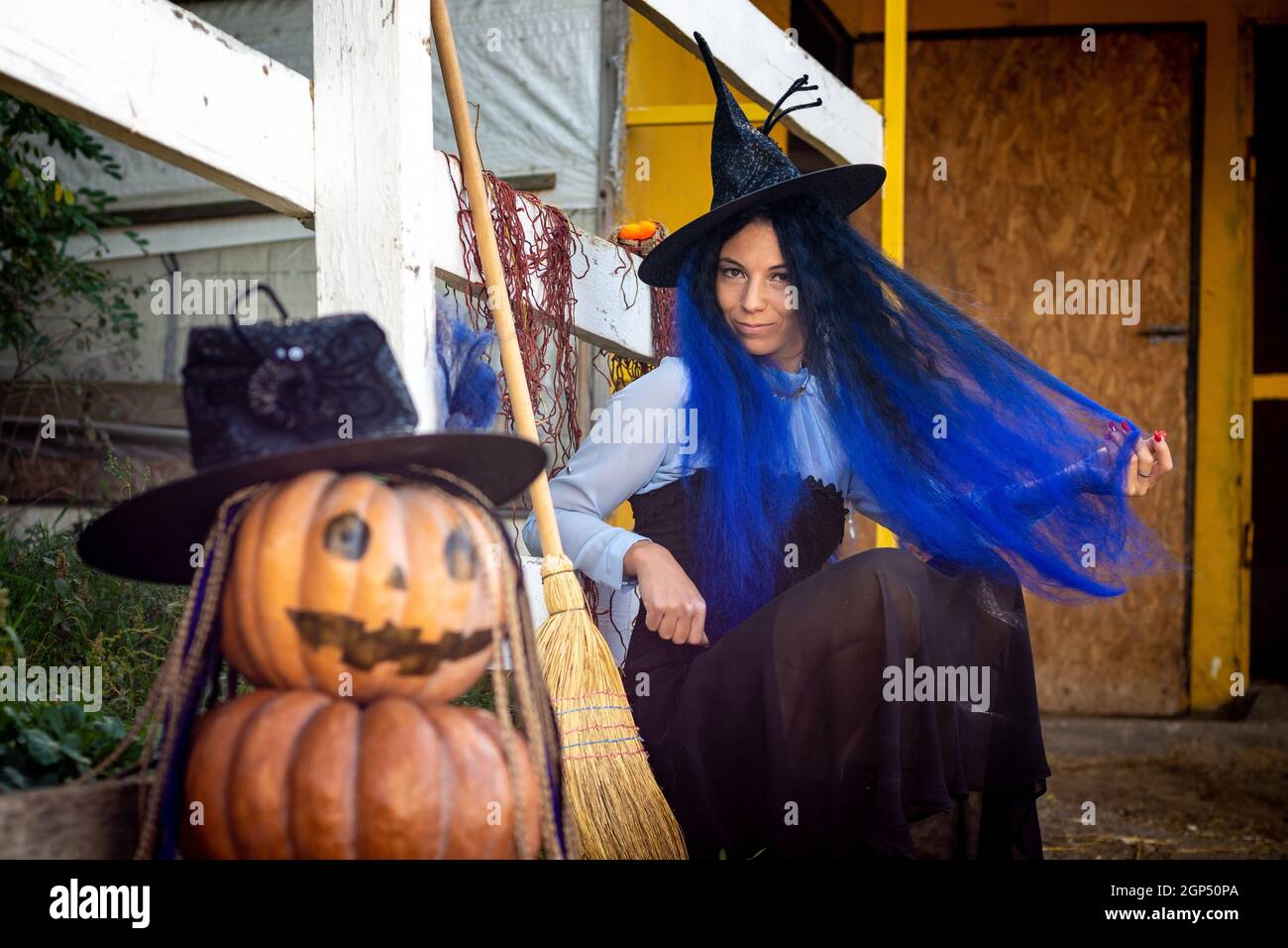 A witch with blue hair sits by the fence next to an evil pumpkin figure ...