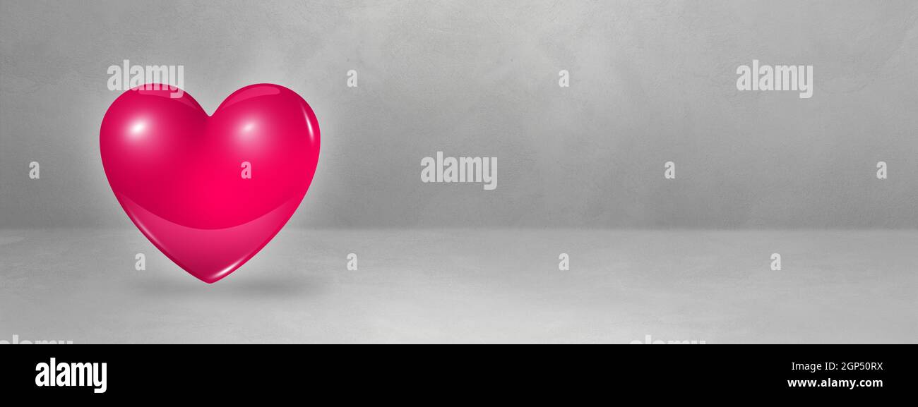 3D pink heart isolated on a concrete studio banner. 3D illustration ...
