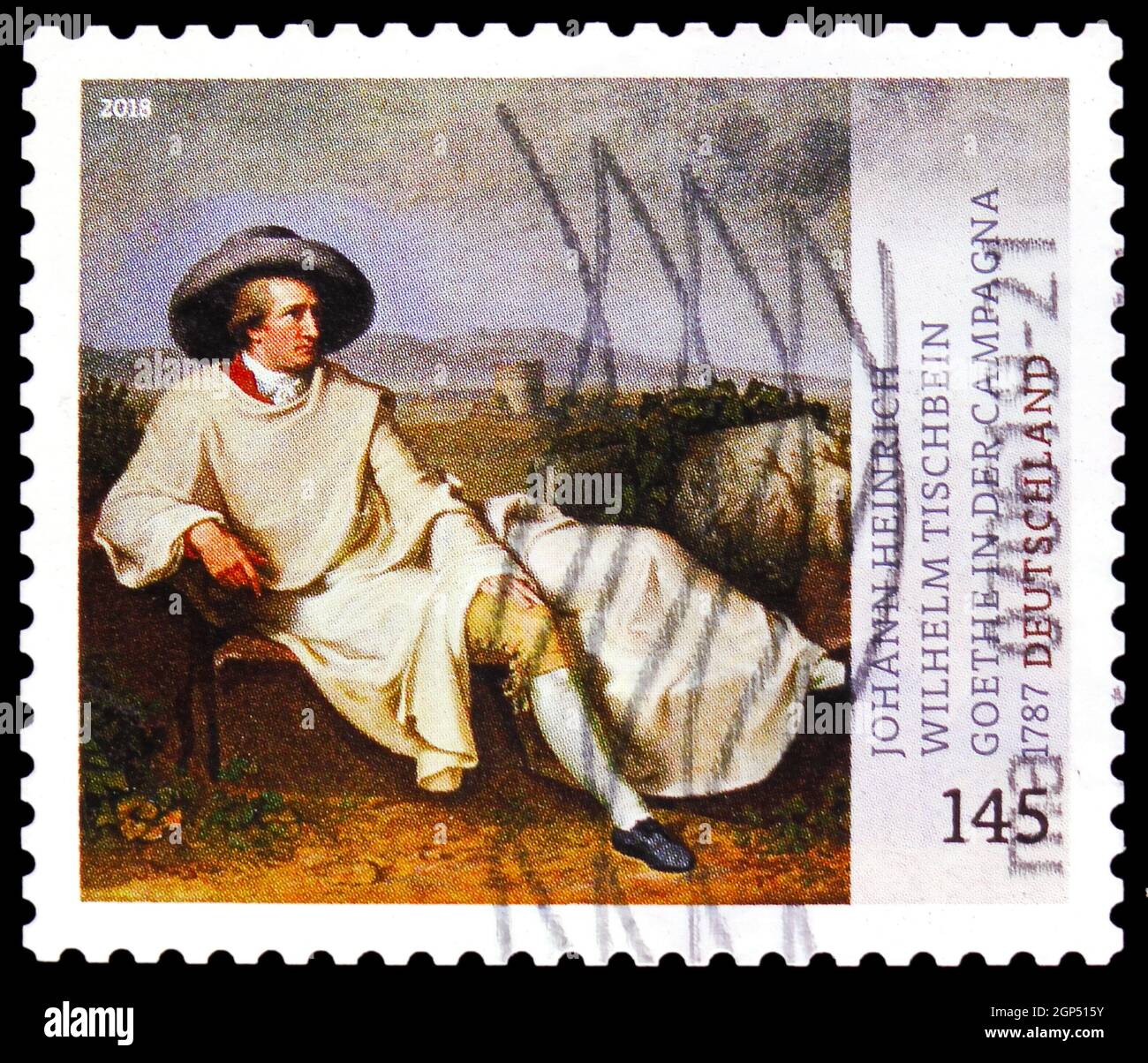 MOSCOW, RUSSIA - AUGUST 4, 2021: Postage stamp printed in Germany shows 'Goethe In Campagna' by Johann Heinrich Wilhelm Tischbein, Treasures of German Stock Photo
