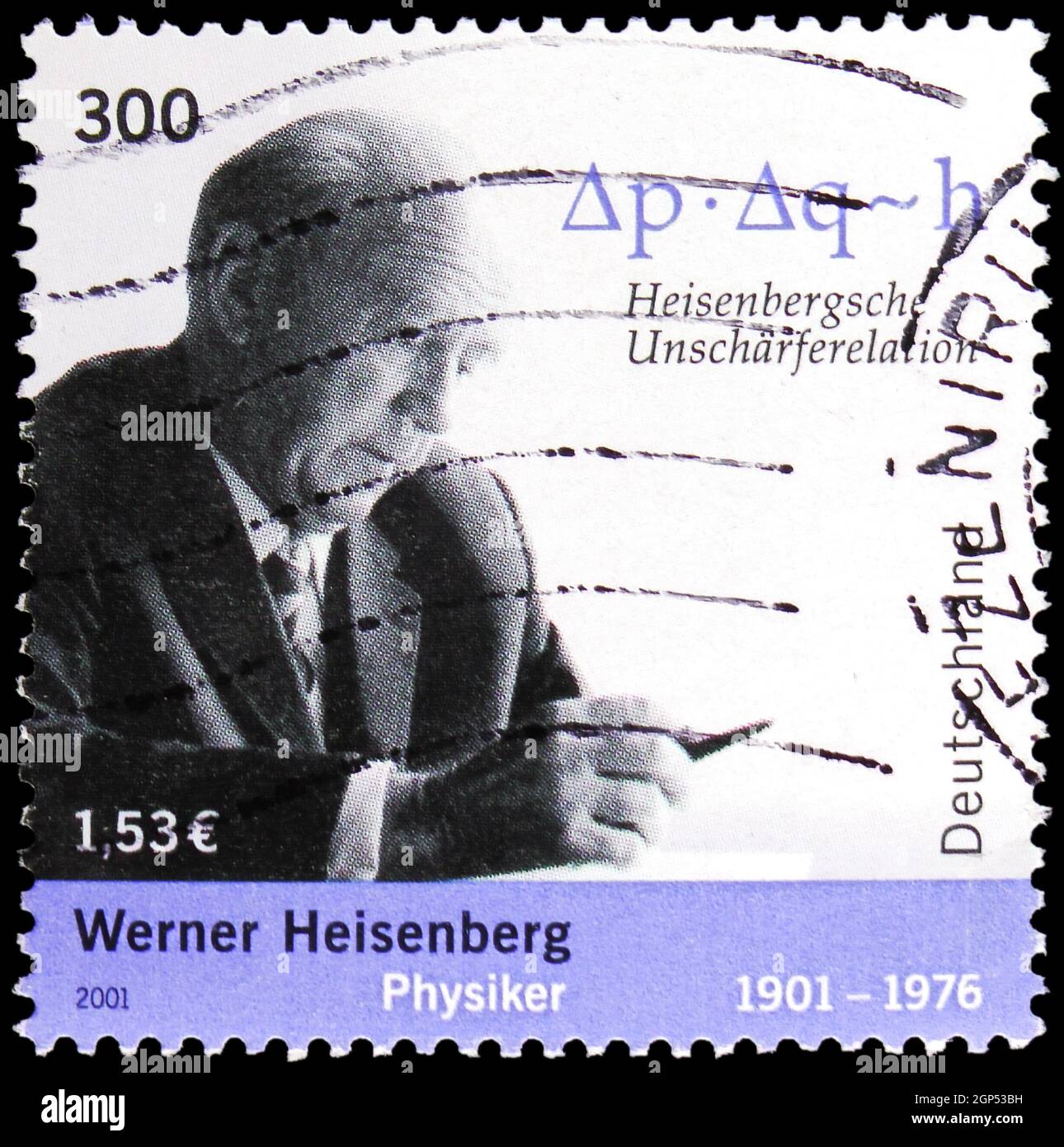 MOSCOW, RUSSIA - AUGUST 5, 2021: Postage stamp printed in Germany shows Werner Heisenberg and Physic Relation, serie, circa 2001 Stock Photo