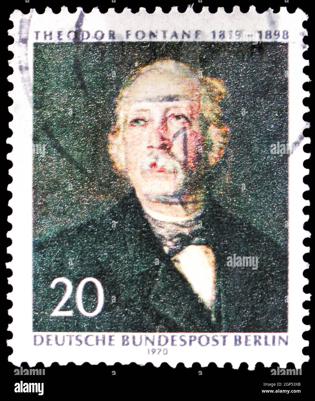 MOSCOW, RUSSIA - AUGUST 5, 2021: Postage stamp printed in Germany shows Theodor Fontane (1819-1898), painting by Hanns Fechner, serie, circa 1970 Stock Photo