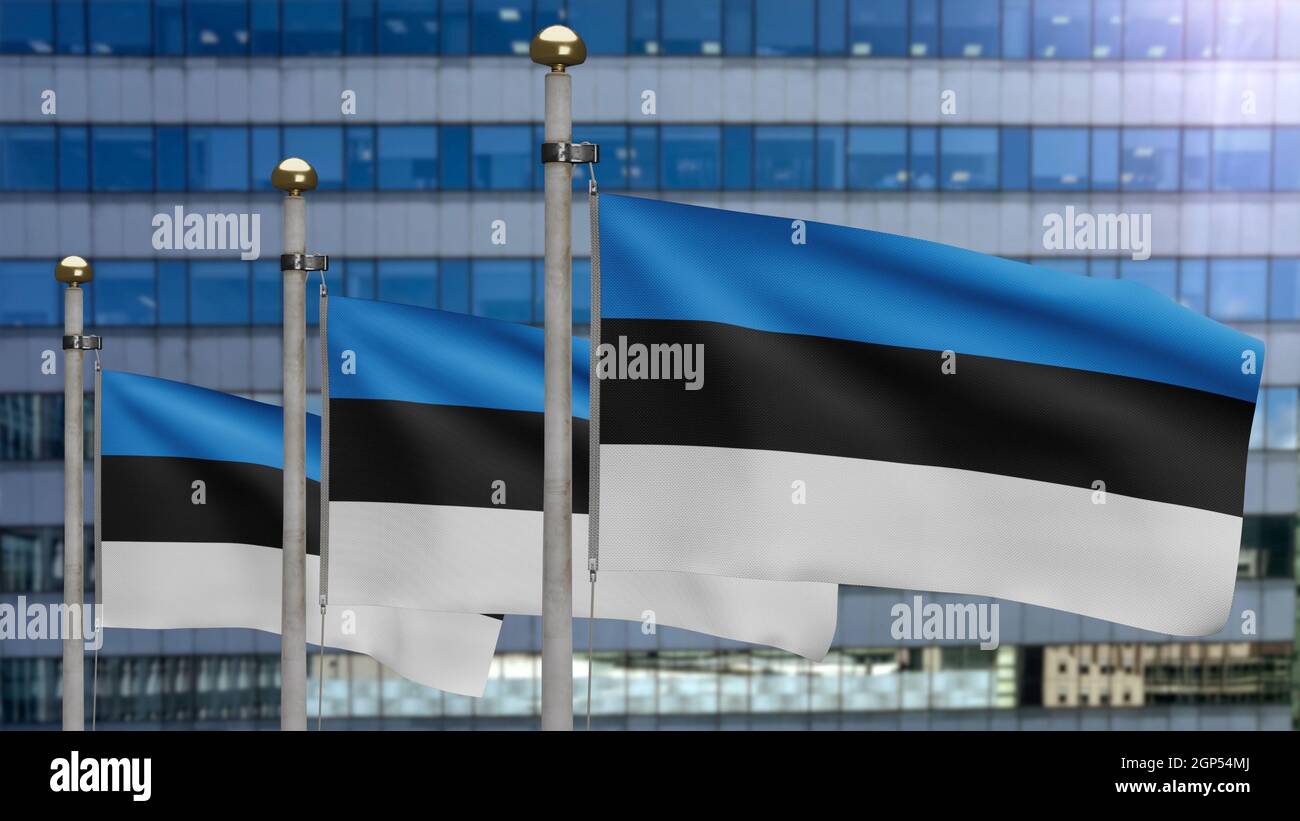 3D, Estonian flag waving on wind with modern skyscraper city. Estonia ...