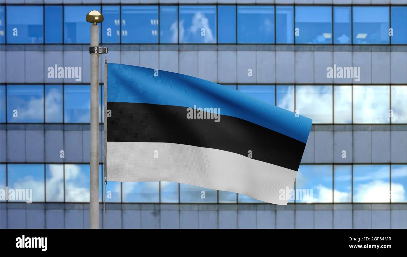 3D, Estonian flag waving on wind with modern skyscraper city. Close up ...