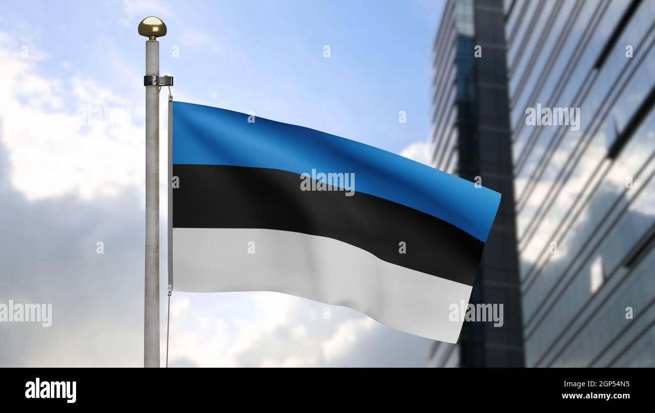 3D, Estonian flag waving on wind with modern skyscraper city. Estonia ...