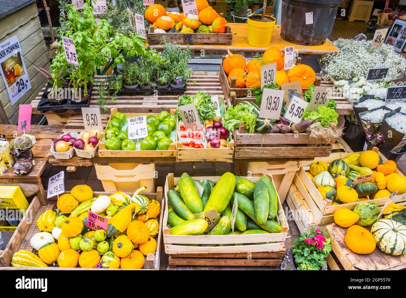 Fresh vegetables and fruit on the street in Viborg, Denmark Stock Photo