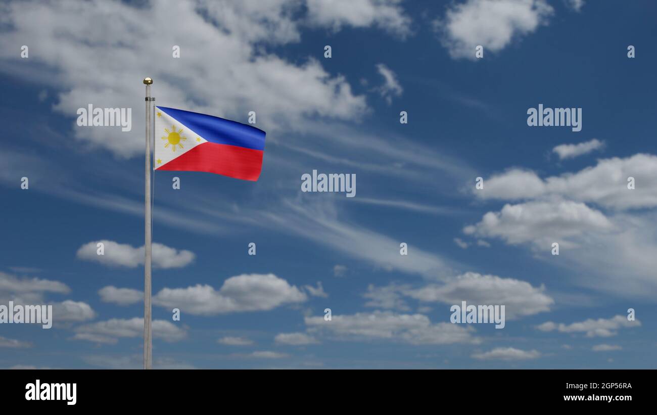 3D, Philippin flag waving on wind with blue sky and clouds. Close up of ...