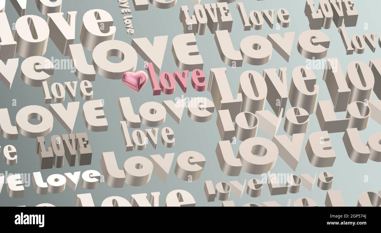 Gold multi words LOVE on pastel green background, 3D pink heart. Valentines, Love, party invitation, mothers day, 8th March, wedding, greeting card. P Stock Photo