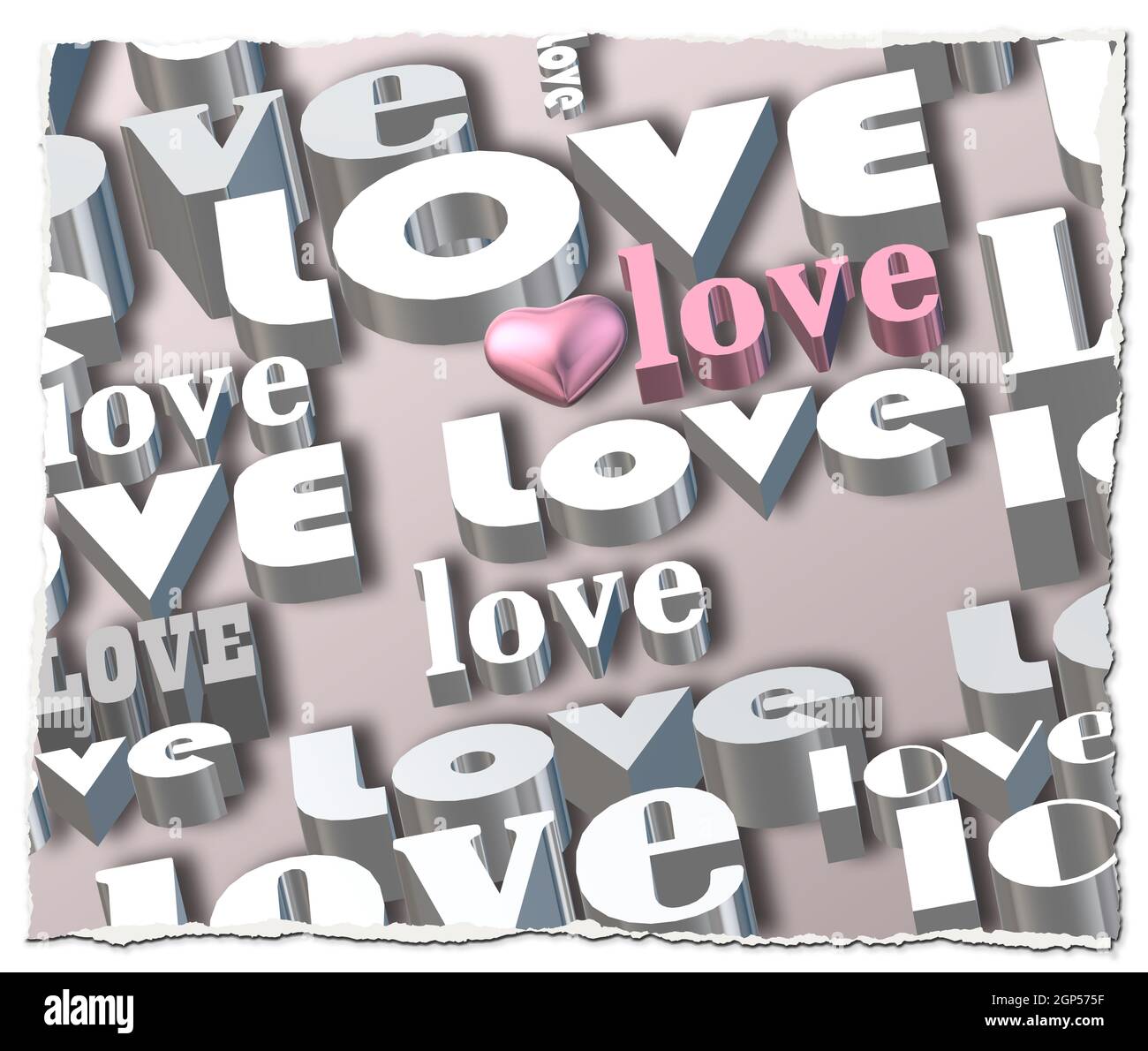 words LOVE on pastel background, 3D pink heart, pink world love. Valentines, party invitation, mothers day, 8th March, wedding, greeting card. Place f Stock Photo