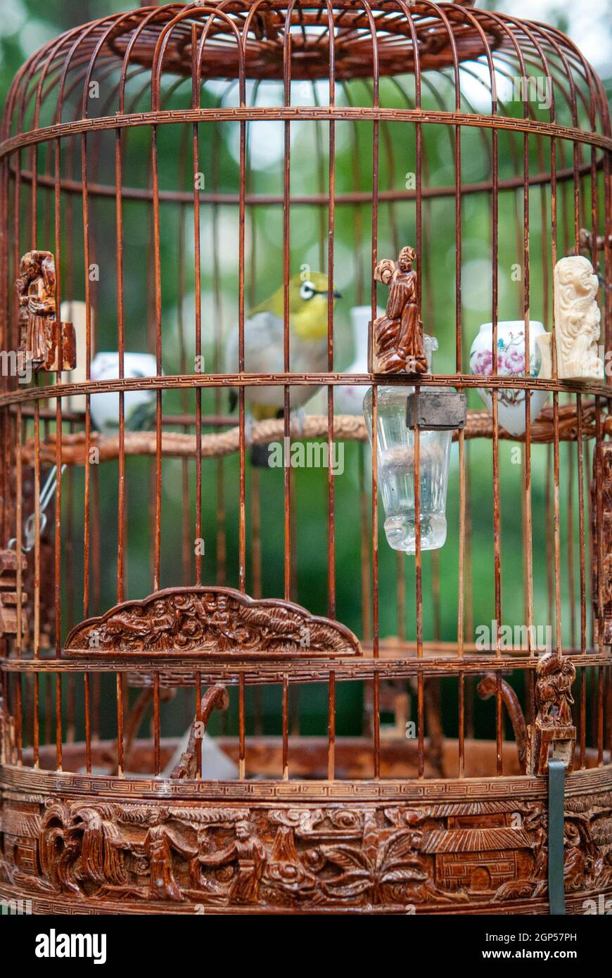 Carved wooden bird cage at Hua Mei Bird Garden in New York Chinatown Stock  Photo - Alamy