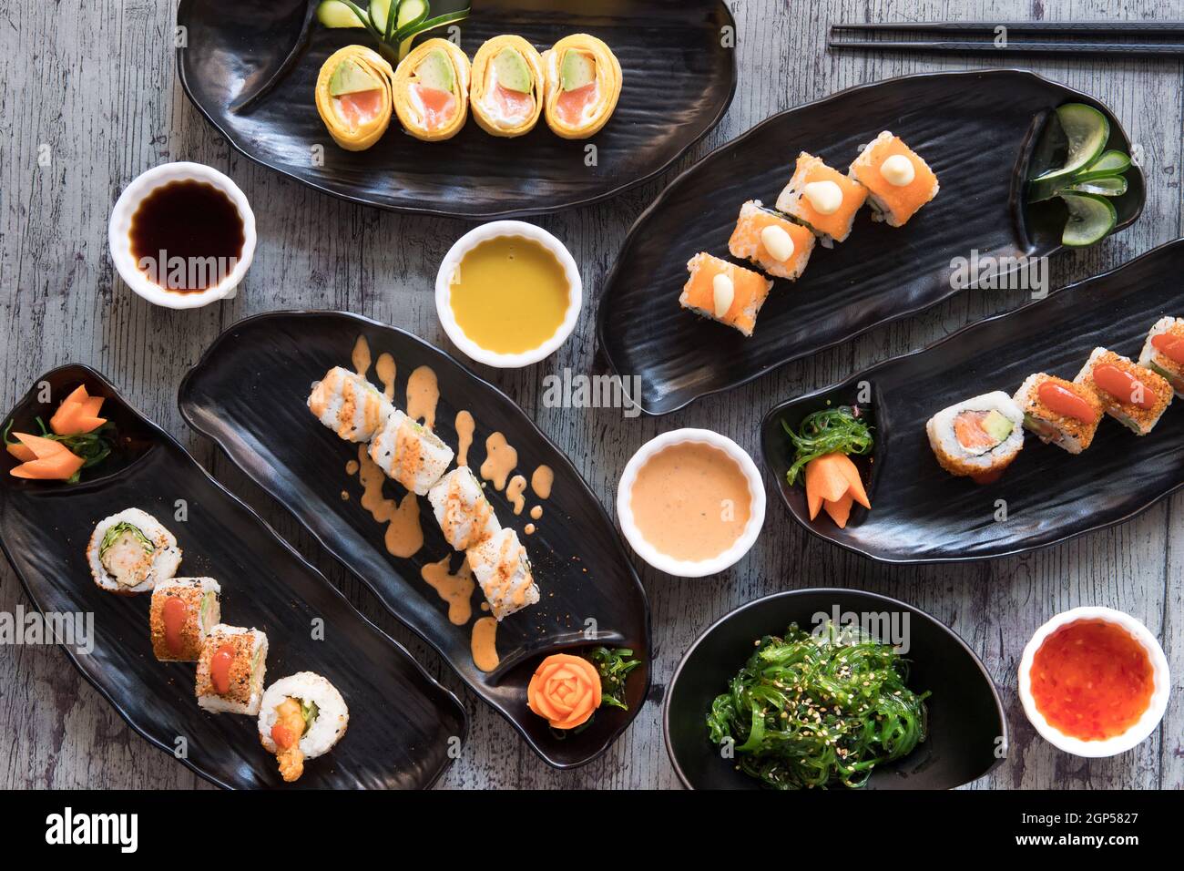 Sushi rolls  composition hi view, above view, creative contemporary concept  set Stock Photo