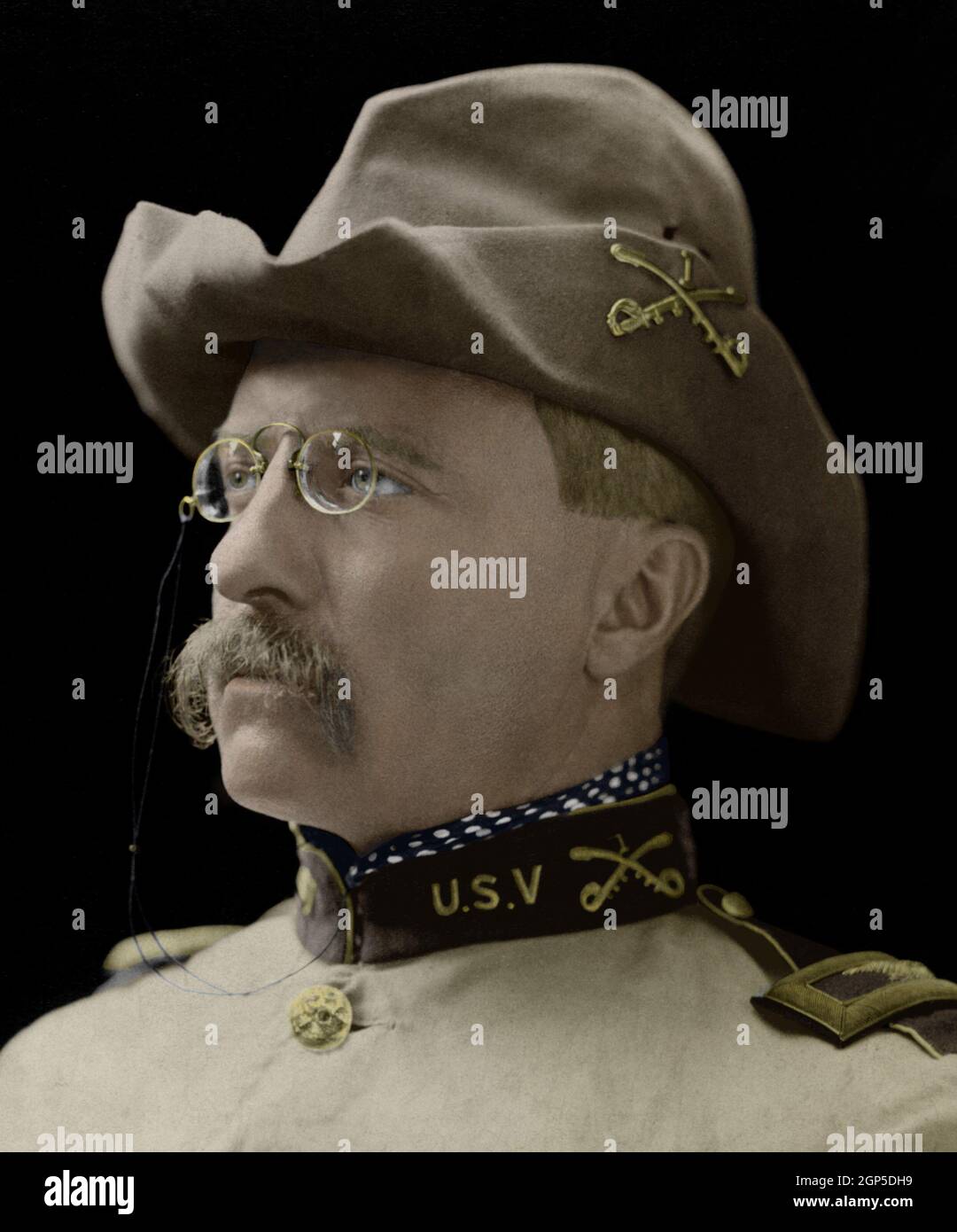 Colonel Theodore Roosevelt in the uniform of 1st United States Volunteer  Cavalry, Oct. 26, 1898, which he raised to fight in the Spanish American  War, 1898-1898. He wears a slouch hat and