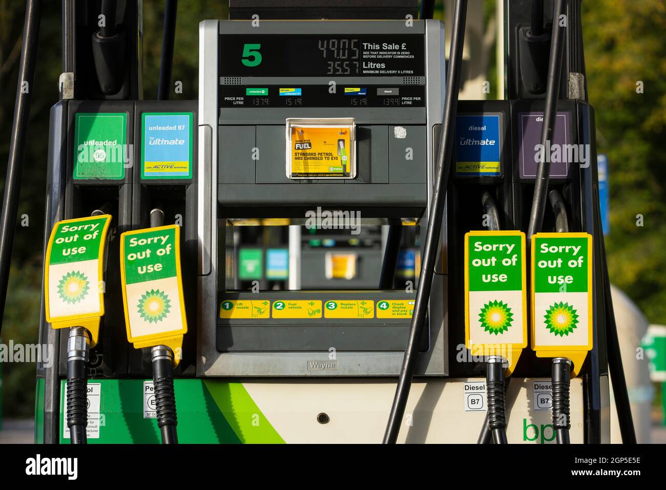 Closed pumps at a BP Petrol Station at Gatwick Airport where fuel has