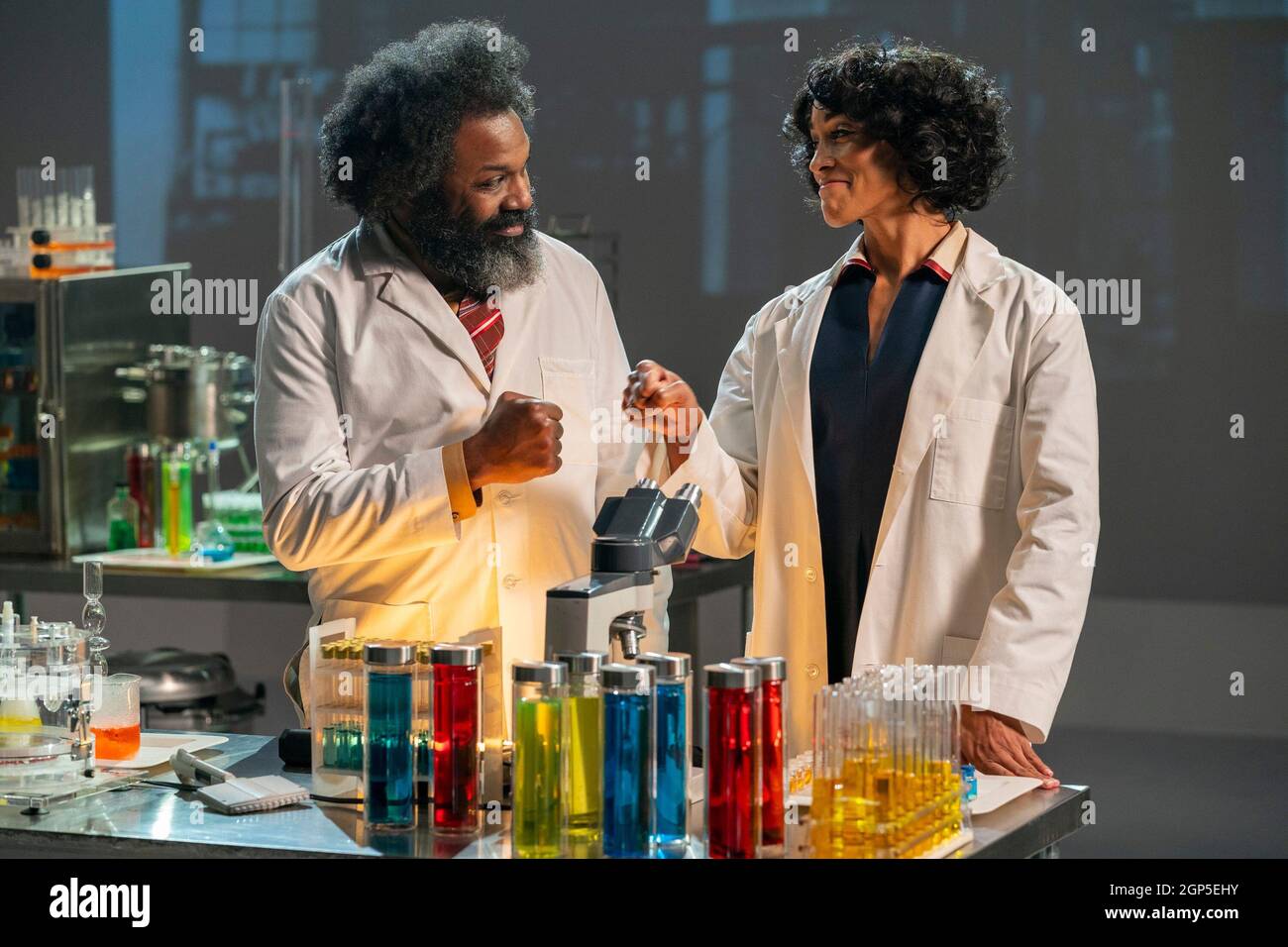 SHERMAN'S SHOWCASE: BLACK HISTORY MONTH SPECTACULAR, from left: Nikeva  Stapleton as Black Scientist #1, D.Rodney Carter as Black Scientist #2,  (aired June 19, 2020). photo: Michael Moriatis / ©IFC / Courtesy Everett  Collection Stock Photo - Alamy