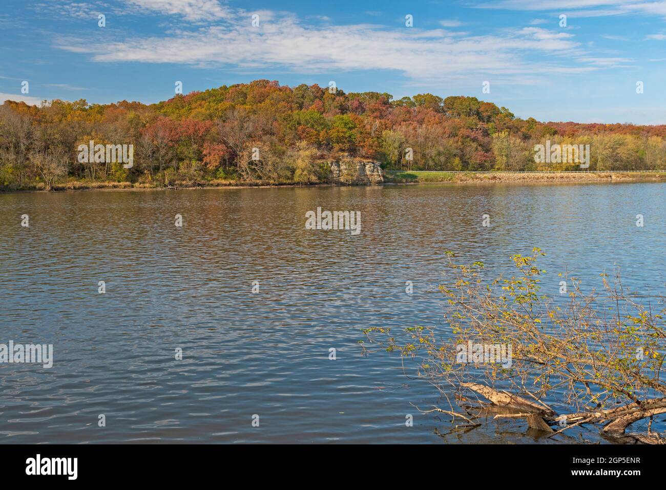 Looking Across a River at the Fall Colors at Lowden Miller State Forest in Illinois Stock Photo