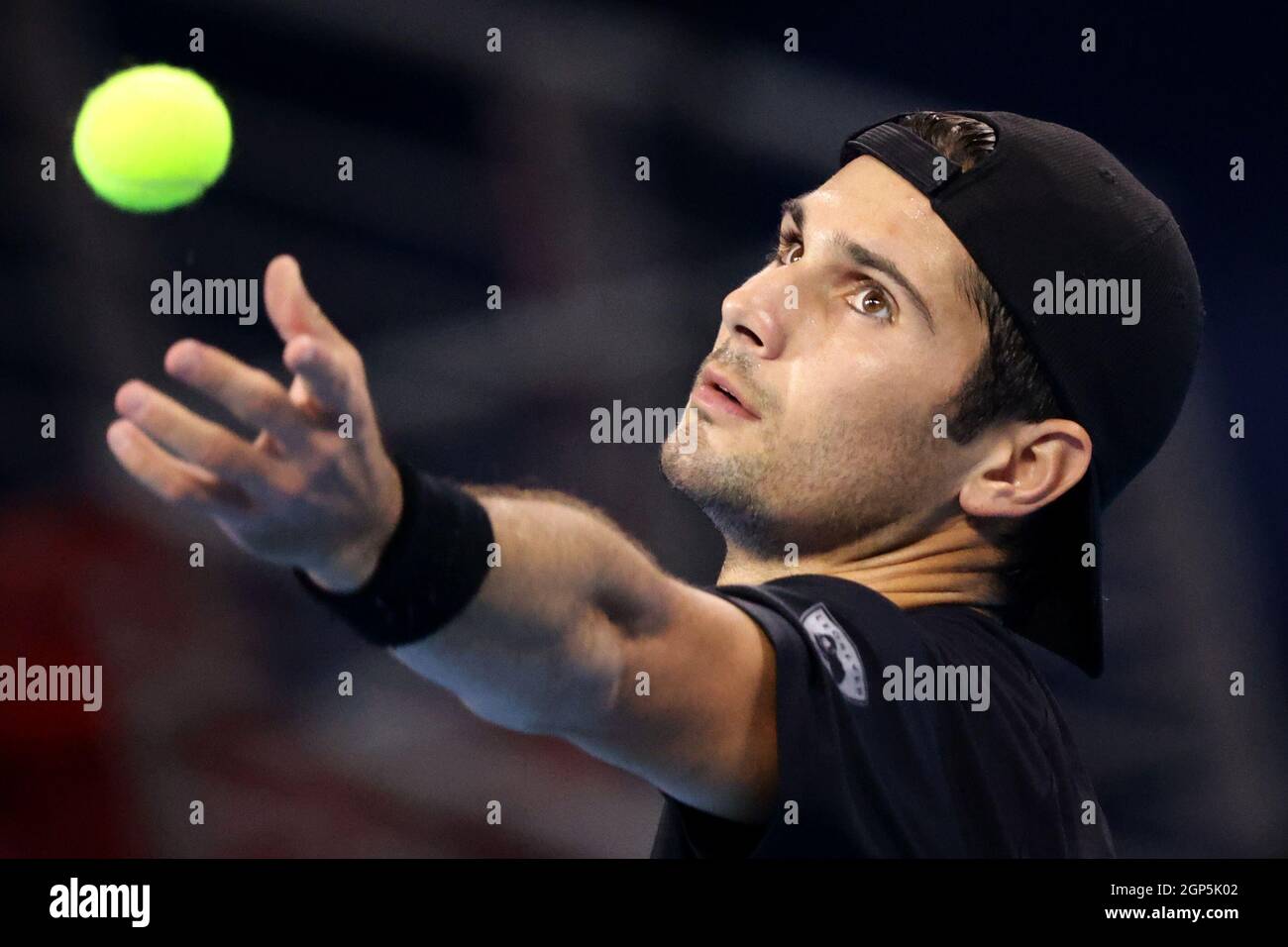 Sofia, Bulgaria. 28th Sep, 2021. USA's Marcos Giron serves against Spain's Jaume Munar during the ATP 250 Sofia Open. Credit: Pluto/Alamy Live News Stock Photo