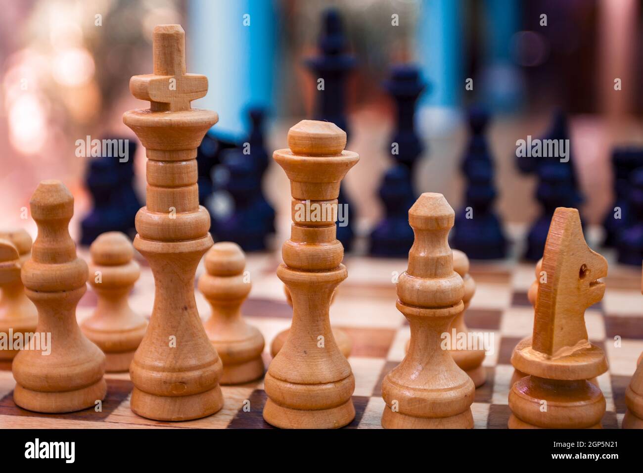 Close-up of a chess board viewed from White's position, the black ...