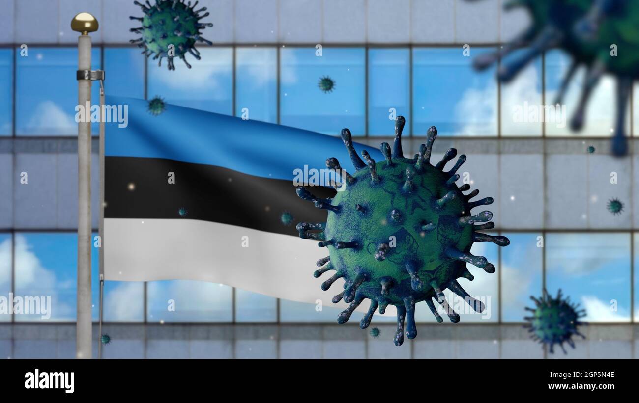 3D, Estonian flag waving with modern skyscraper city and Coronavirus ...
