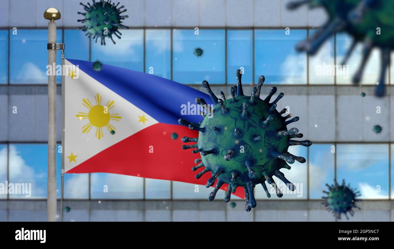 3D, Philippin flag waving with modern skyscraper city and Coronavirus ...