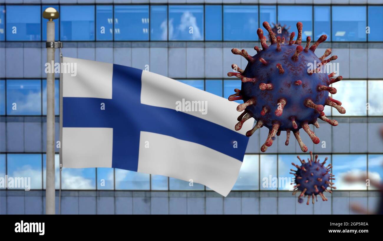 3D, Finlandian flag waving with modern skyscraper city and coronavirus ...