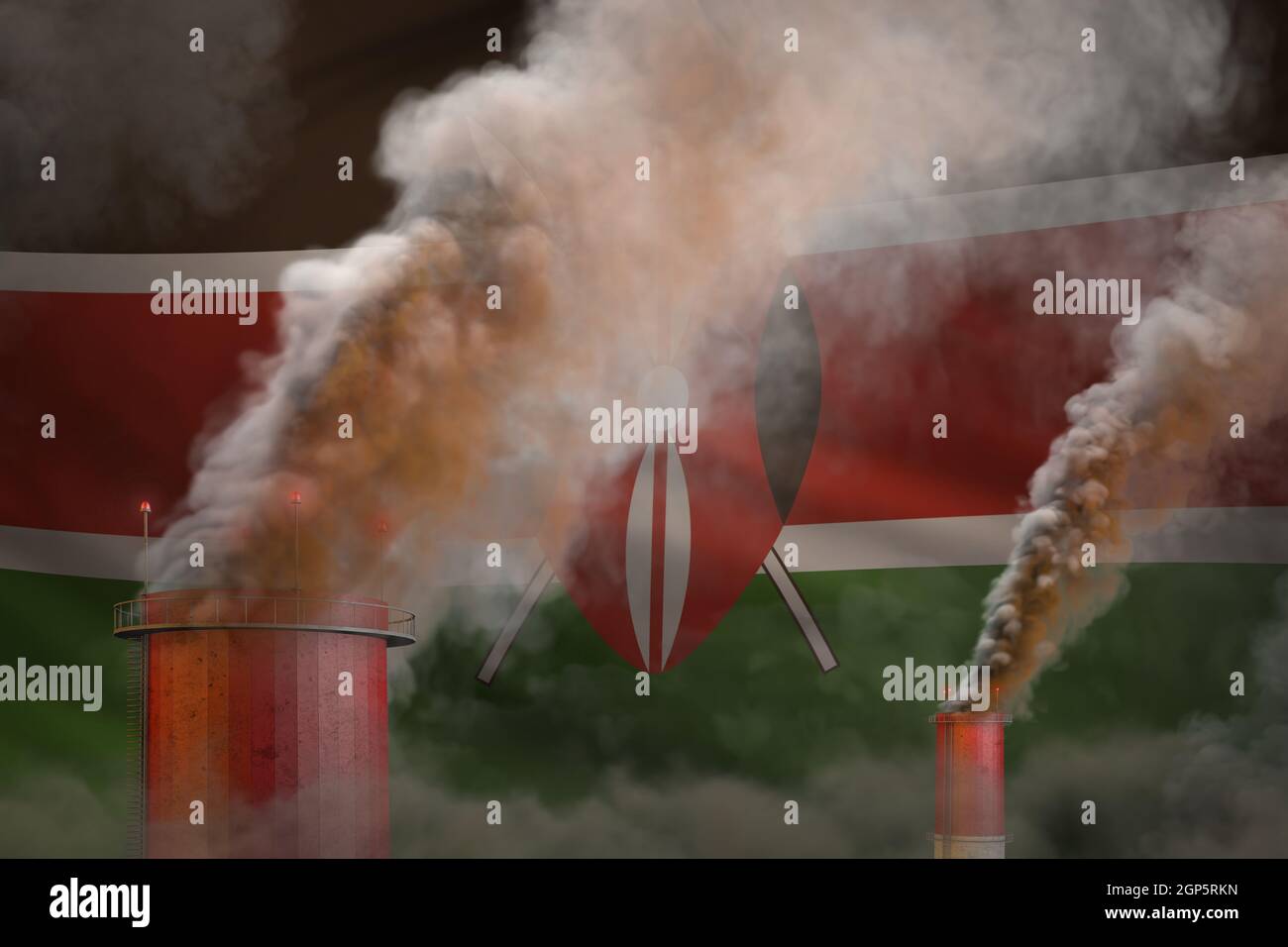 Global warming concept - dense smoke from plant chimneys on Kenya flag background with space for your logo - industrial 3D illustration Stock Photo