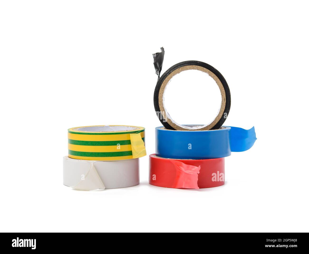 stack multicolored rubber insulating tape, skeins isolated on white background Stock Photo