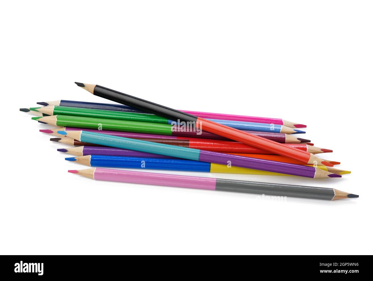 sharpened colored wooden pencils on an white background, top view Stock Photo