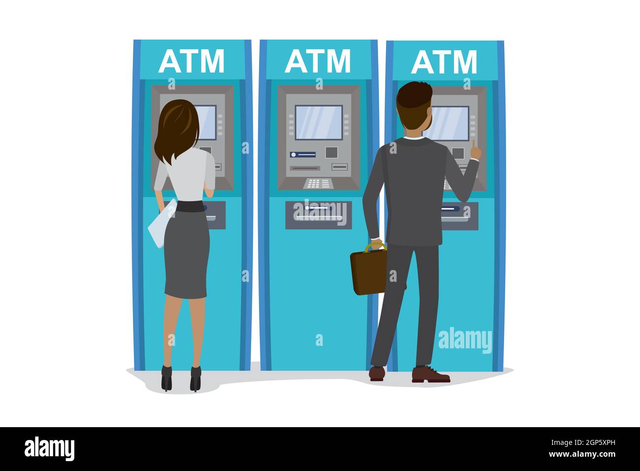 Cartoon business people uses a cash point automated ATM cash machine to
