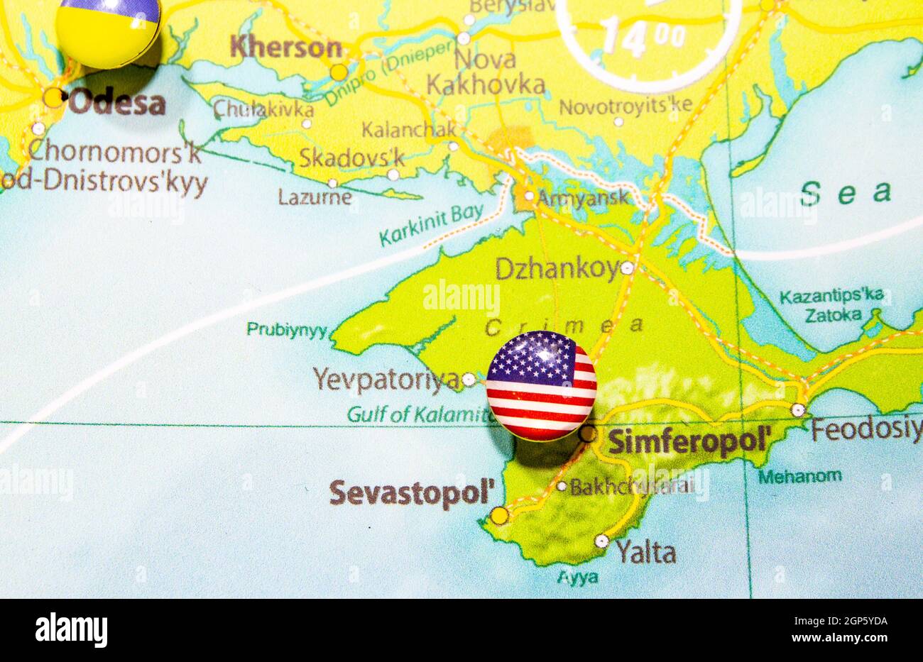 Close-up view of Crimea on a geographical globe with Sevastopol, Simferopol city. Map shows peninsula with pin turkish Flag. Focus point on pushpin ar Stock Photo