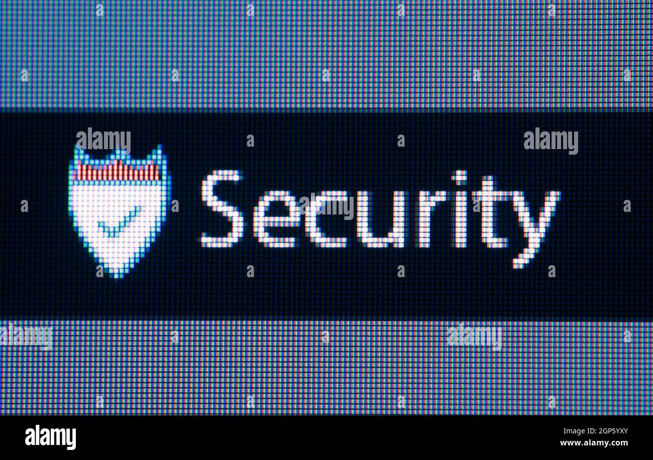 Computer Security Sign Close up of security symbol on a computer screen. Anti-virus software ...