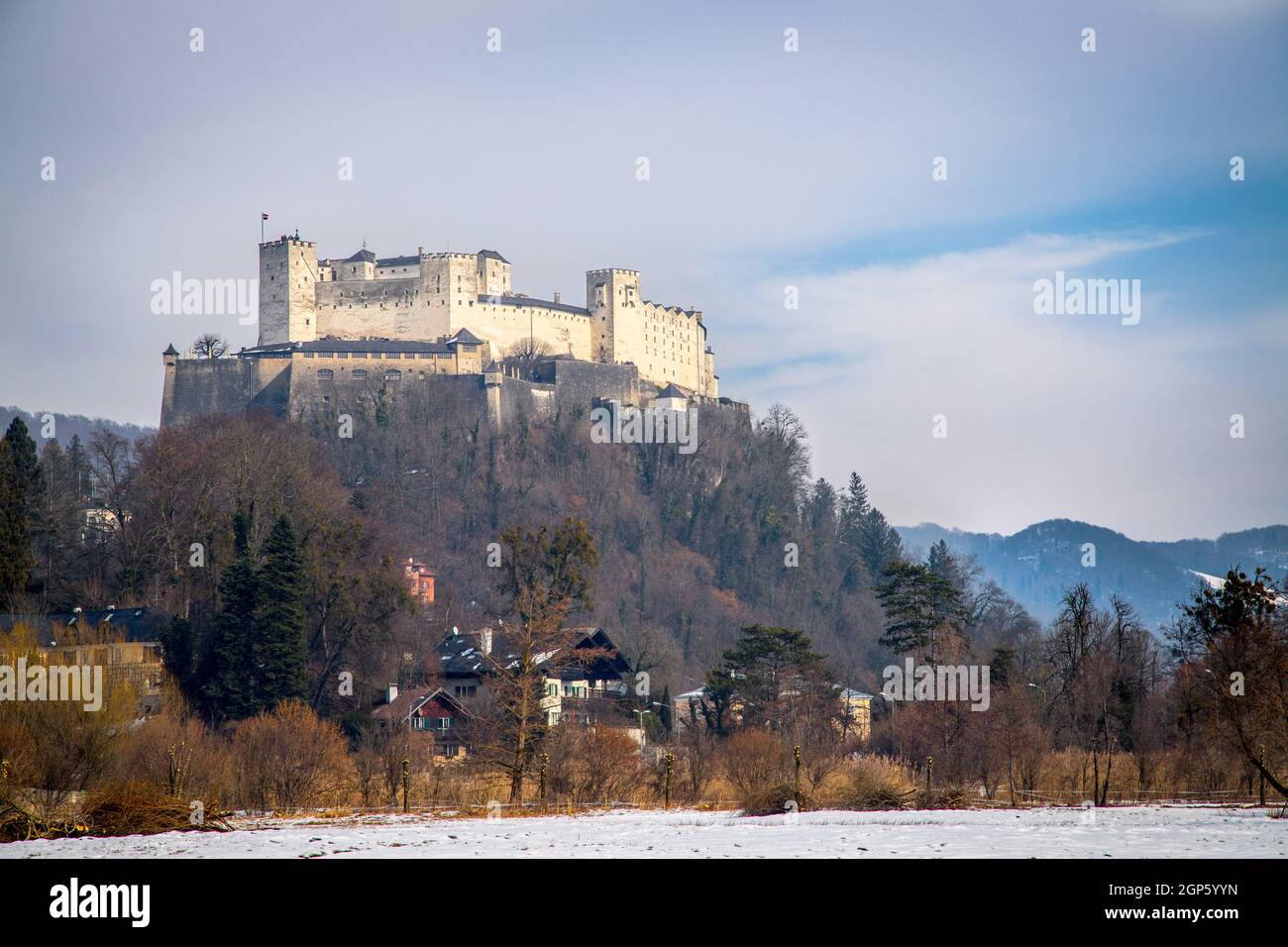Fortress Hohensalzburg, shot from Leopoldskron, winter time Stock Photo