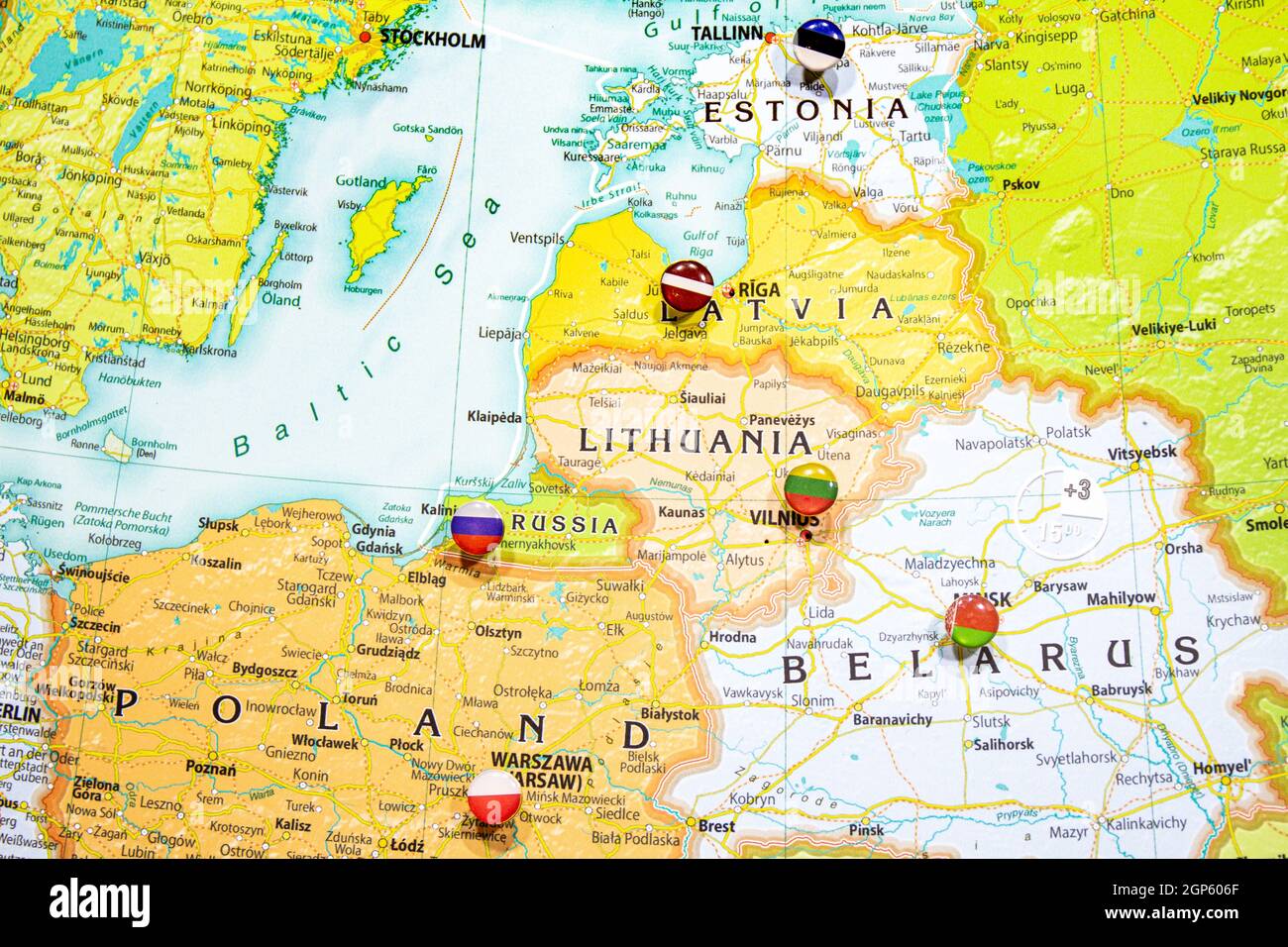 Close-up view of Baltic States on a geographical globe, Map shows capitals countries Latvia -Riga, Lithuania - Vilnus, Estonia -Tallin Poland -Krakow Stock Photo
