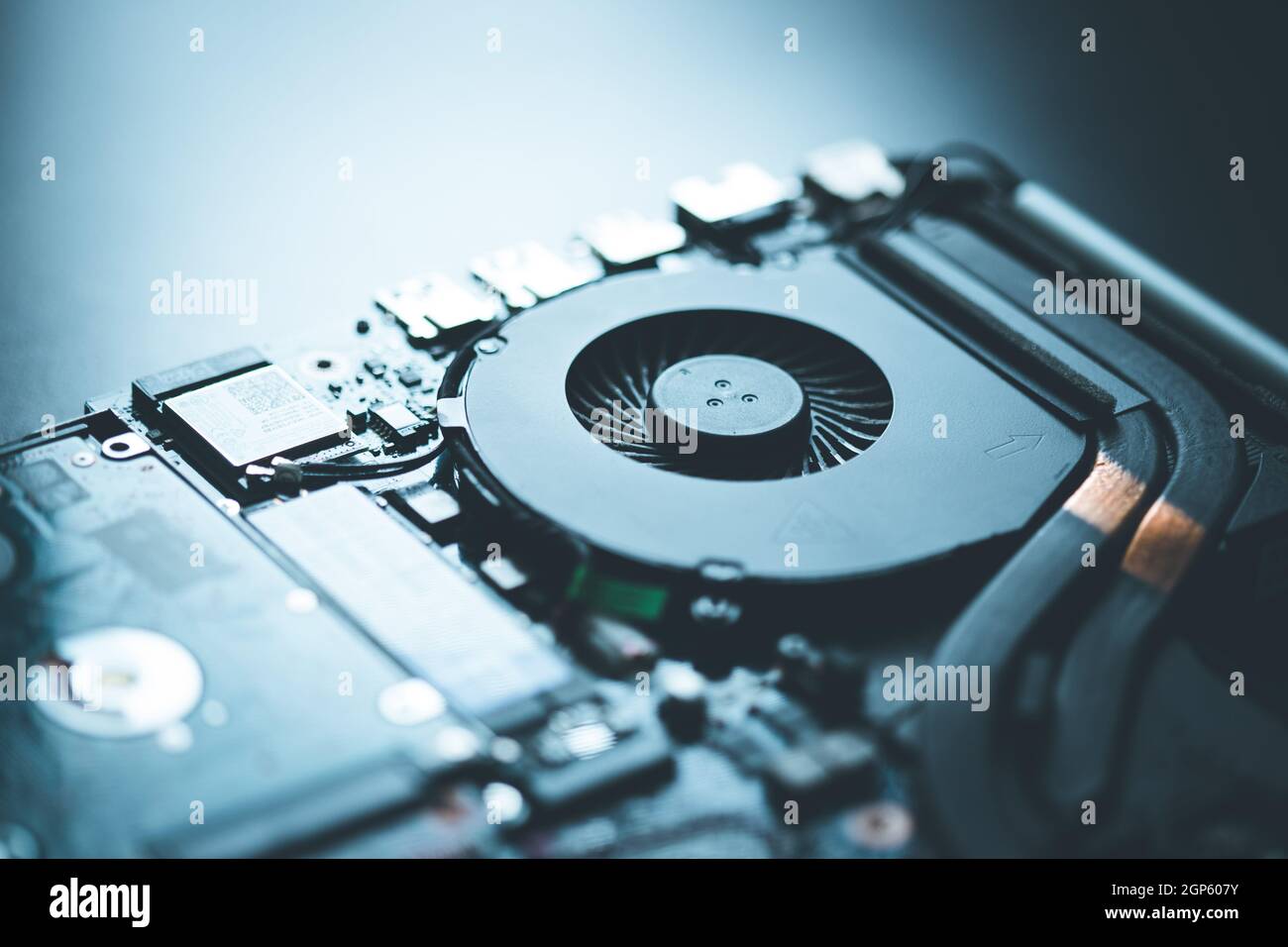 Computer cooling fan for overclocking on a circuit board, close up; Computer technology. Stock Photo