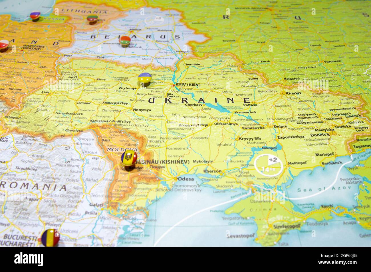 National Flag Ukraine Pinned On Political Europe Map Macro Close Up Picture On A Colorful And Blurry World Atlas With Focus To Capital Country Kiev Stock Photo Alamy