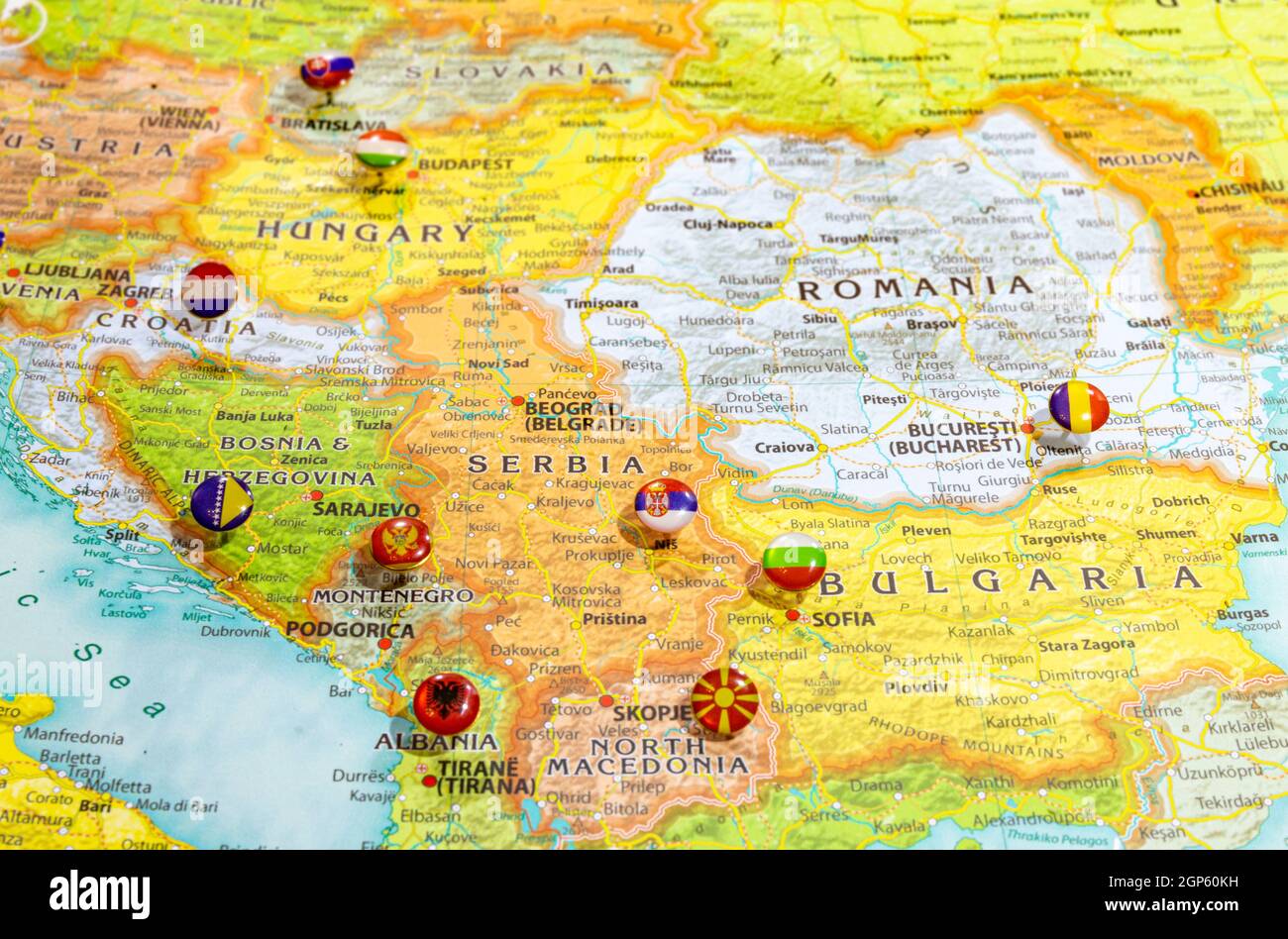 Close up view of Balkan peninsula on geographical globe, Map shows capitals countries Serbia - Belgrade, Bulgaria - Sofia, Romania - Bucharest, Monten Stock Photo