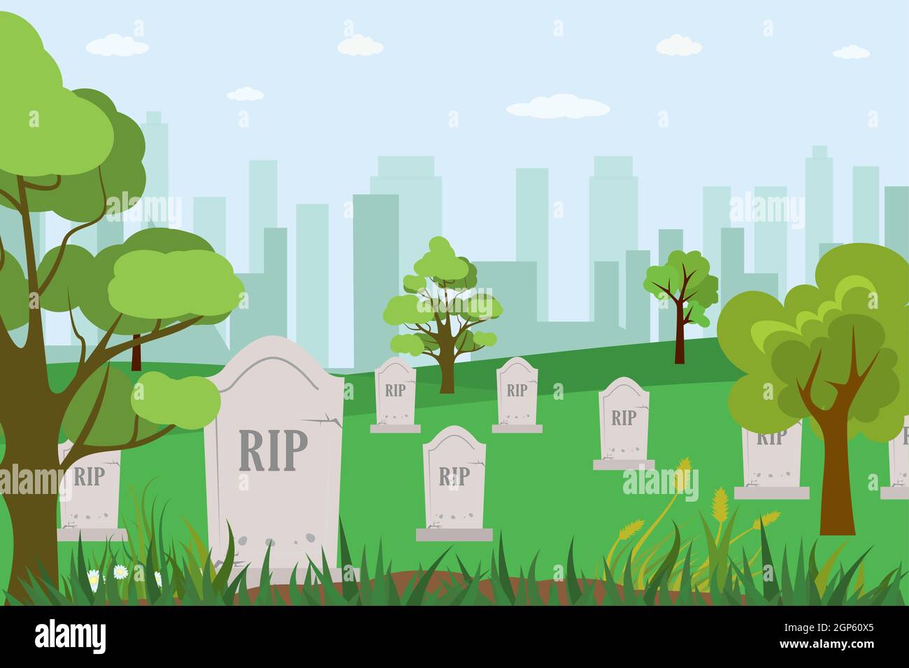 Cartoon cemetery,tombstones with the inscription RIP,city buildings on  background,memorial park,flat vector illustration Stock Vector Image & Art  - Alamy