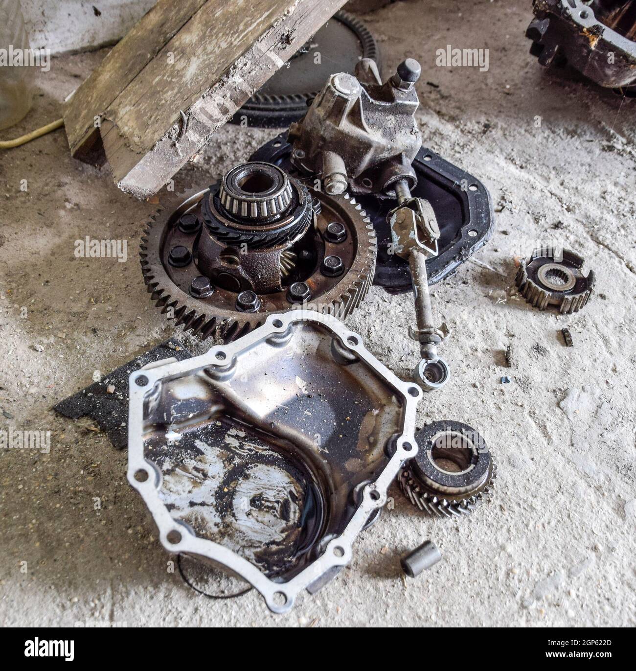Gear with bearings and gearbox housing. Dismantled box car