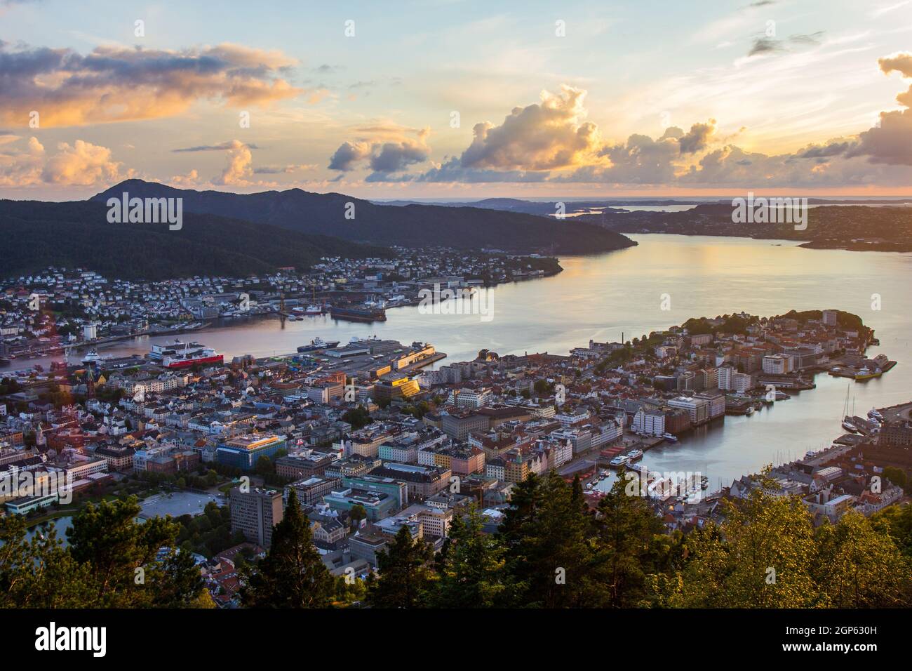 Panoramic view of Bergen from Floyen, Bergen, Norway at sunset. Stock Photo