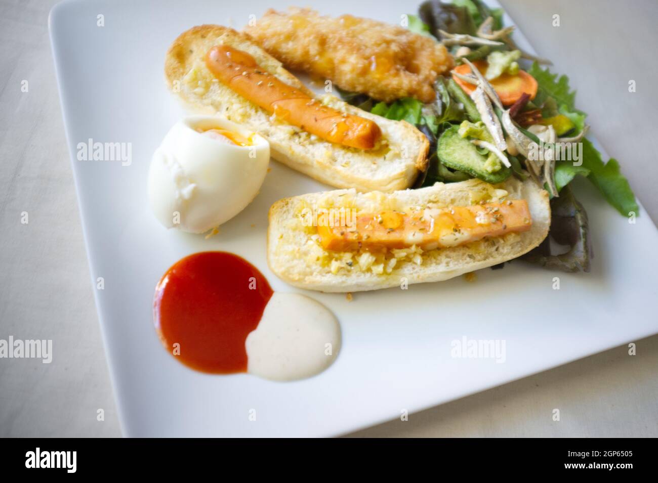 Close up , Breakfast set of toast , Fried chicken and Boiled egg. Stock Photo