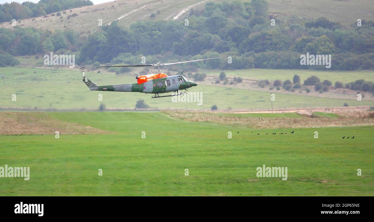 ZH814 British army (Army Air Corps AAC) 1971 helicopter Bell 212 B-BGMH conducting pilot training Salisbury Plain UK Stock Photo