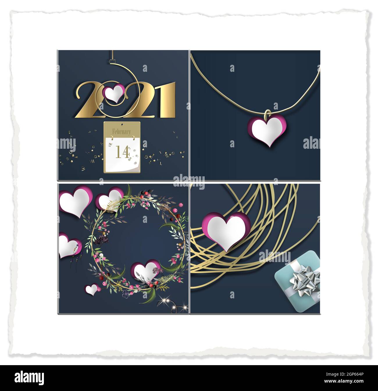 Elegant Valentine's 2021 collage. Digit 2021, calendar, heart, 14