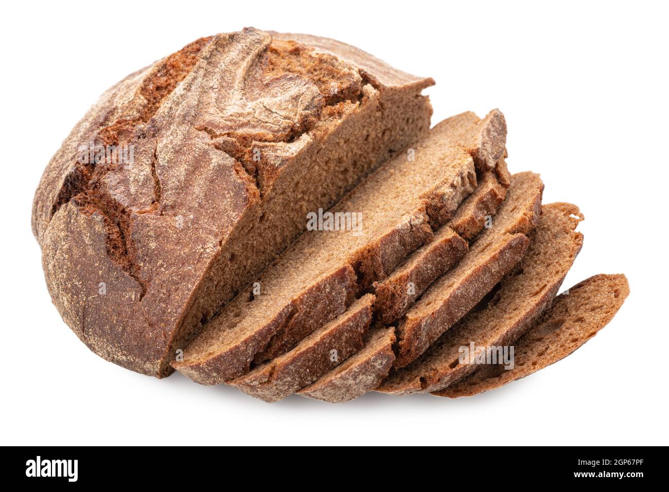cutted rye round bread isolated on white background Stock Photo